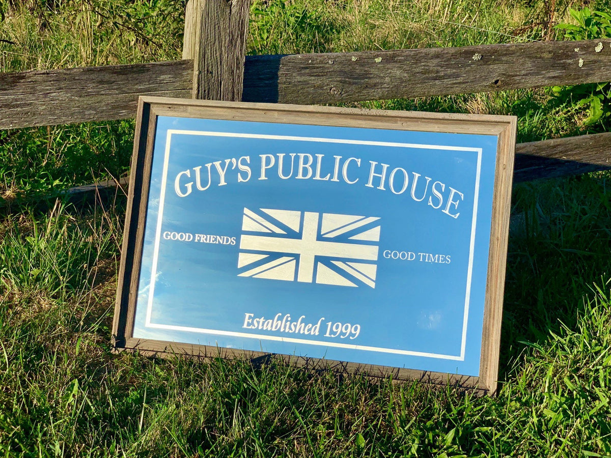 Custom Flag Bar Mirror|Large Mirror|Bar Sign|Custom Flag Sign|Family Name Sign|Custom Mantle Mirror|British Flag Sign|American Flag Sign|
