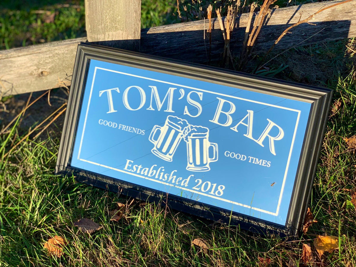Custom Beer Mug Bar Mirror|Large Bar Mirror|Home Bar Mirror|Custom Engraved Mirror|Black mirror|Cheers Wall Art|12x24