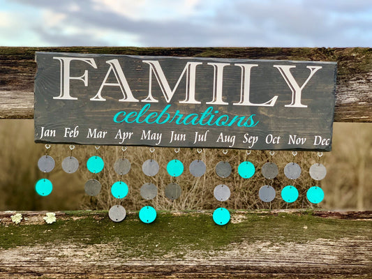 Grey and Teal Family Celebration Wall Hanging|Family Birthday Board|Celebration Sign|Birthday Anniversary Calendar|7.25x24"