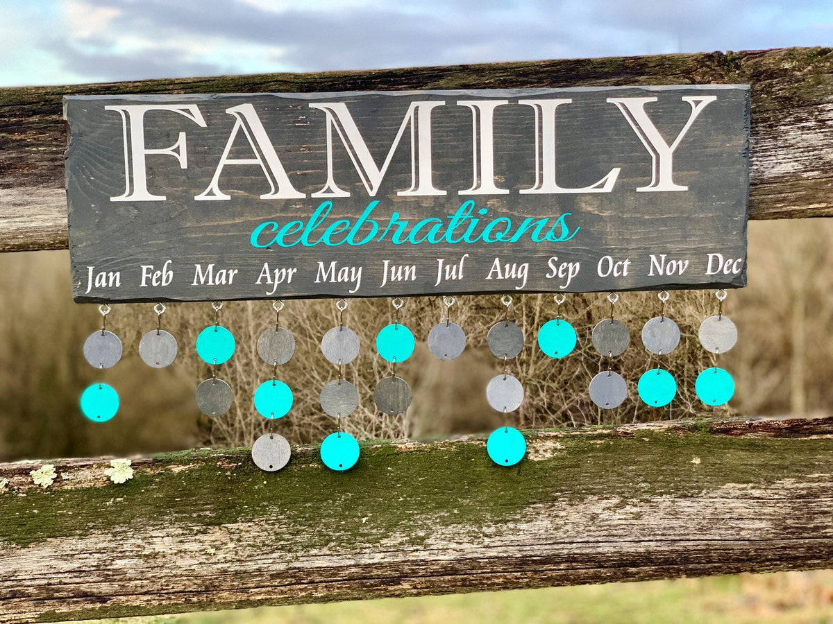 Grey and Teal Family Celebration Wall Hanging|Family Birthday Board|Celebration Sign|Birthday Anniversary Calendar|7.25x24"