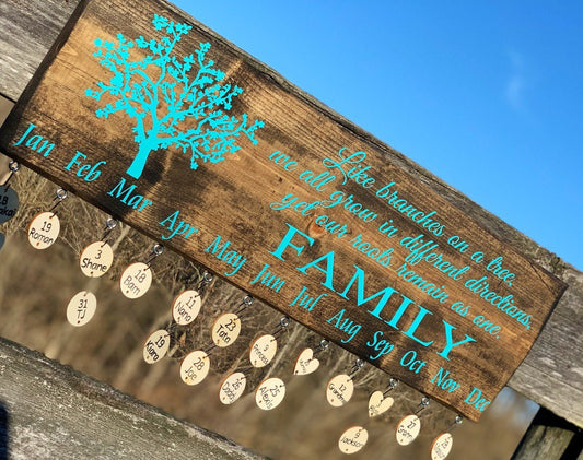 Personalized Family Tree Celebration Wall Hanging|Family Birthday Board|Celebration Sign|Birthday Anniversary Calendar|7.25x24"