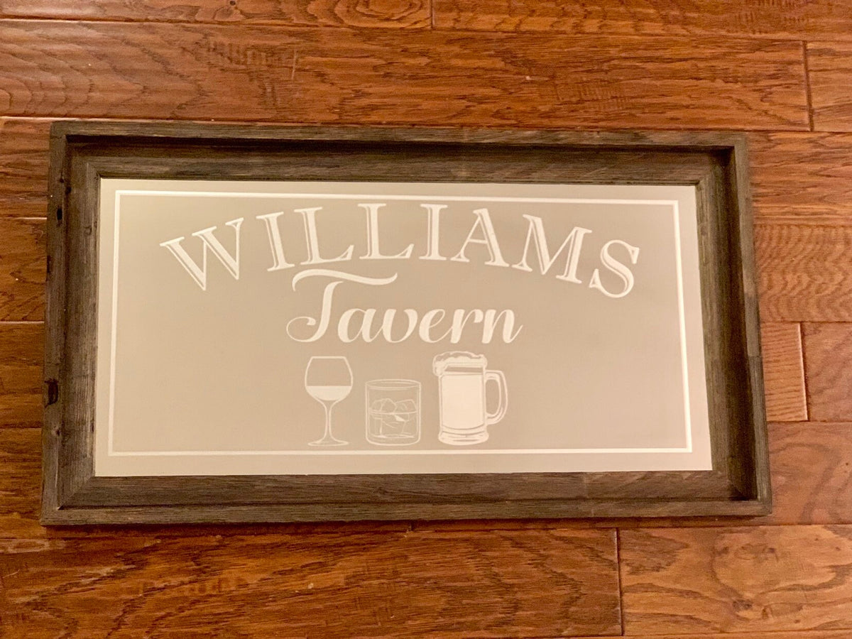 Custom Barware Glass Bar Mirror|Large Mirror|Personalized Bar Mirror|Custom Engraved Mirror|Barn wood mirror|Beer Gift|12x24