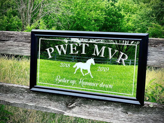 Custom Corporate Award Gift|Horse Sign|Large Mirror|Personalized Logo Mirror|Custom Engraved Mirror|Black mirror|12x24