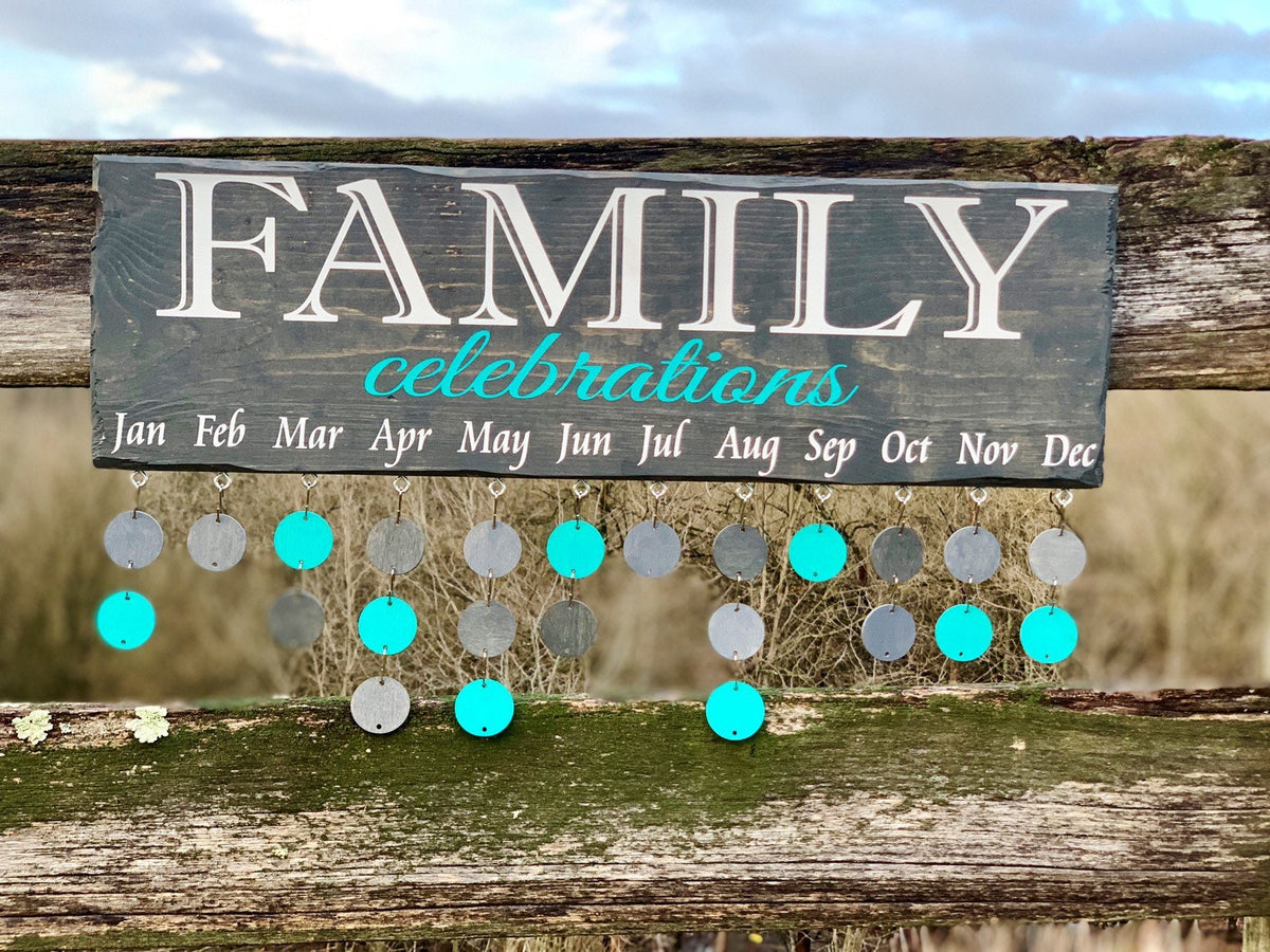 Grey and Teal Family Celebration Wall Hanging|Family Birthday Board|Celebration Sign|Birthday Anniversary Calendar|7.25x24"