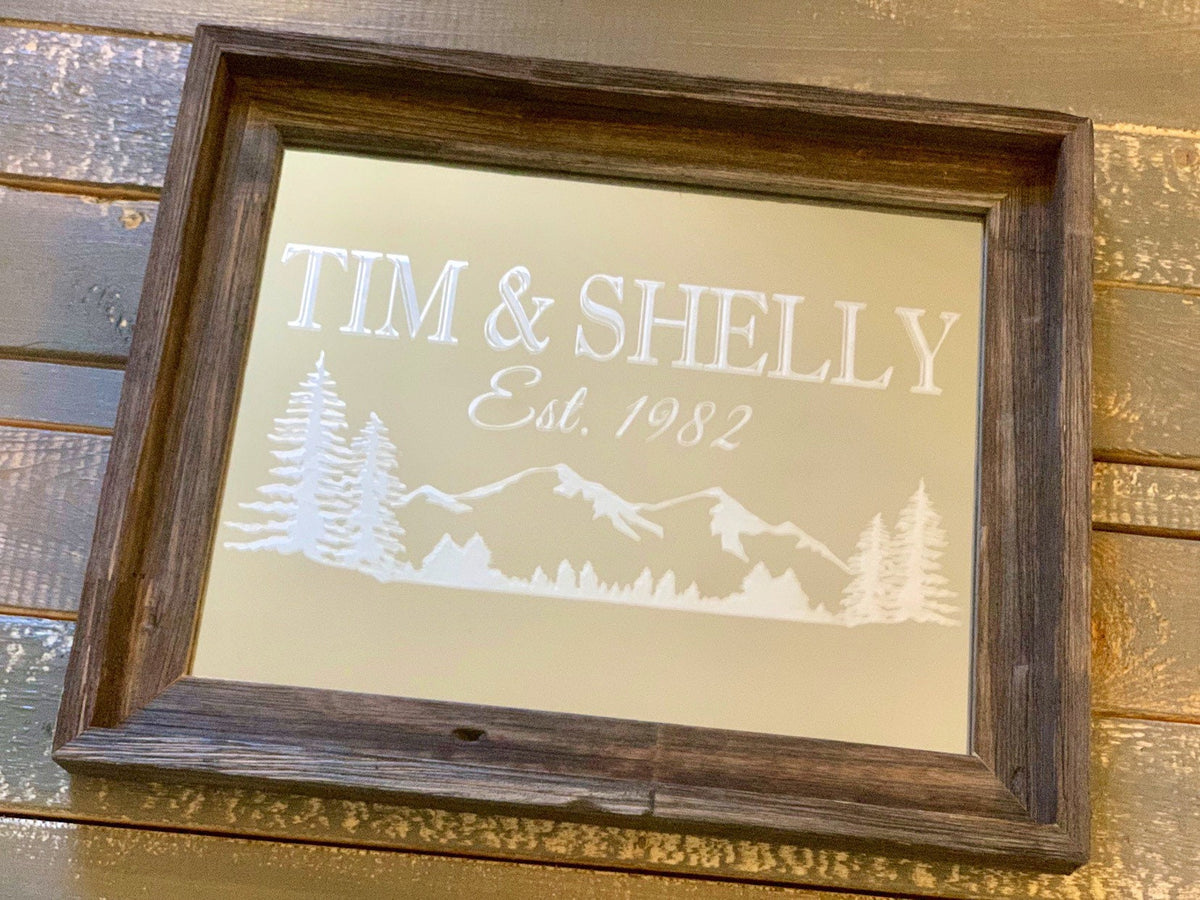 Personalized Mountain Lodge Barnwood Mirror|Large Mirror|Personalized Bar Mirror|Custom Engraved Mirror|barn wood mirror|11x14