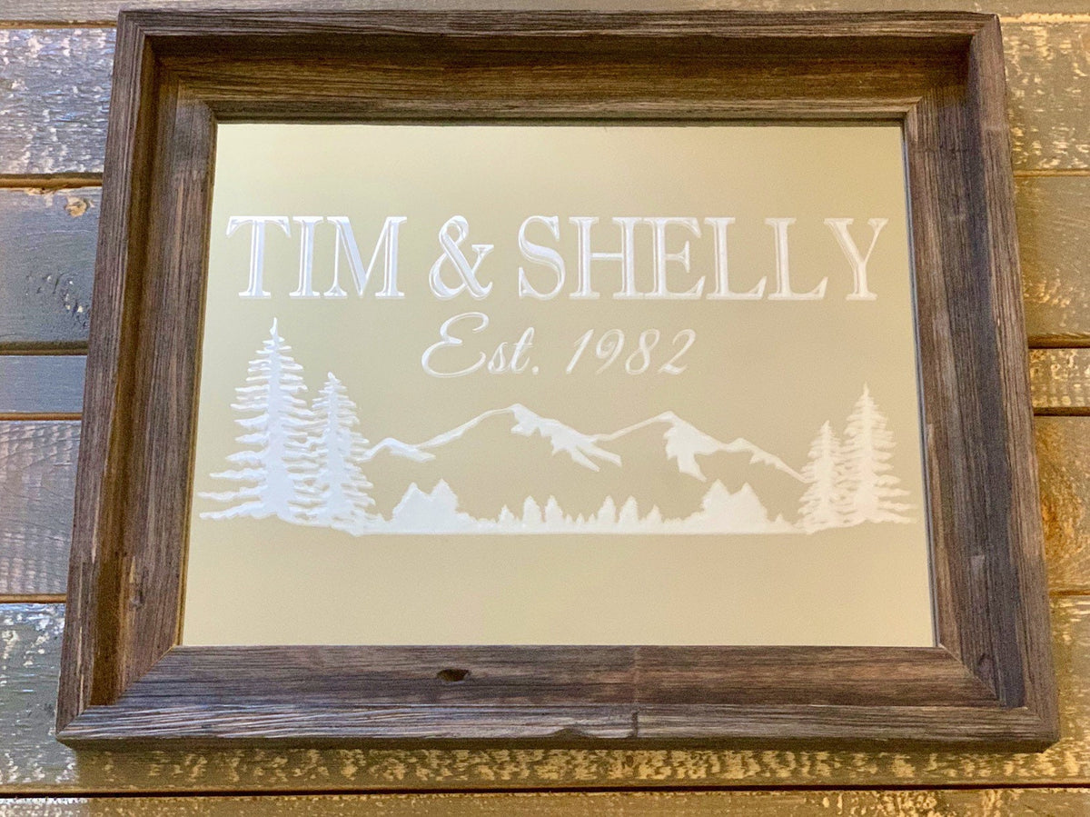 Personalized Mountain Lodge Barnwood Mirror|Large Mirror|Personalized Bar Mirror|Custom Engraved Mirror|barn wood mirror|11x14