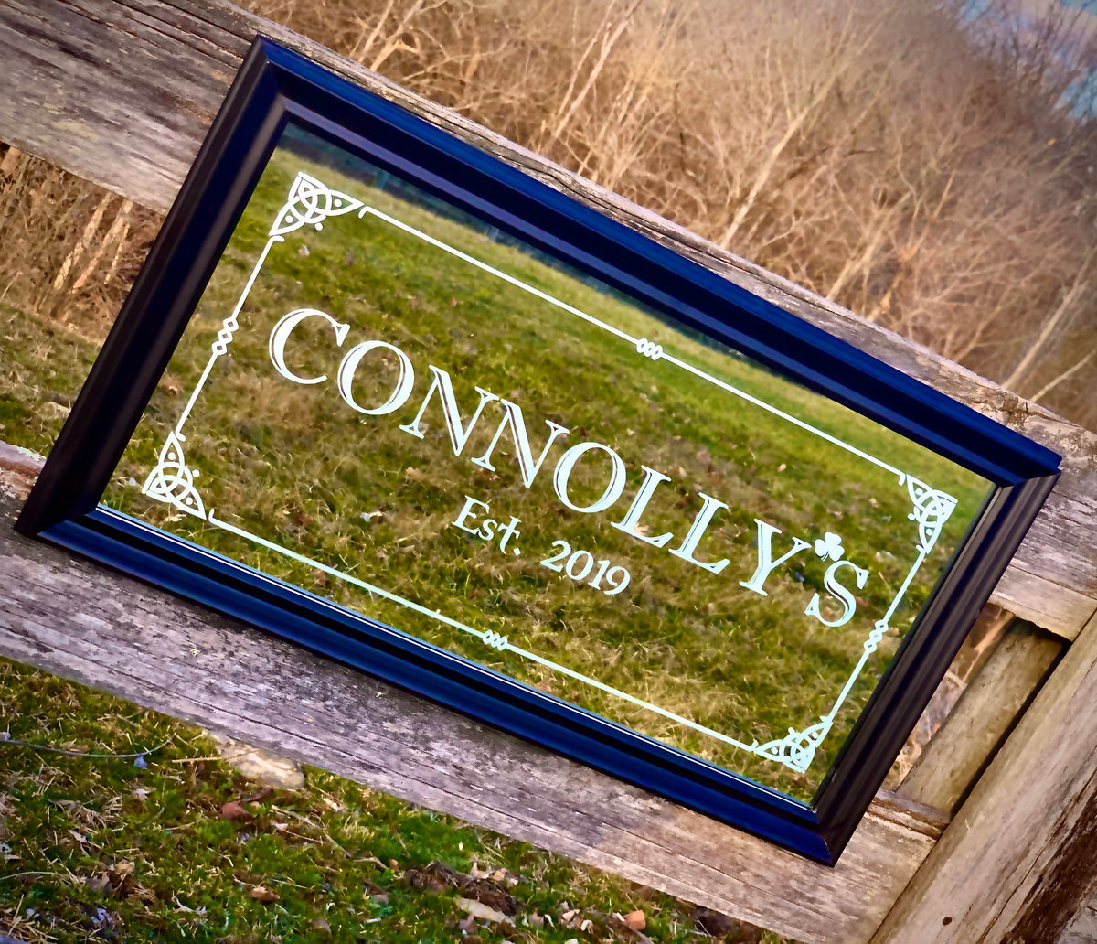 Personalized Irish Pub Mirror in Black Frame|Personalized Bar Mirror|Custom Engraved Mirror|Celtic Design|12x24