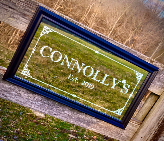 Personalized Irish Pub Mirror in Black Frame|Personalized Bar Mirror|Custom Engraved Mirror|Celtic Design|12x24