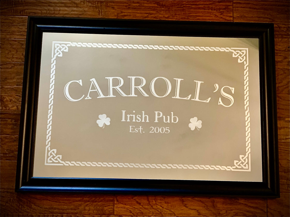Personalized Irish Pub Mirror in Black Frame|Personalized Bar Mirror|Custom Engraved Mirror|Celtic Design|24x36