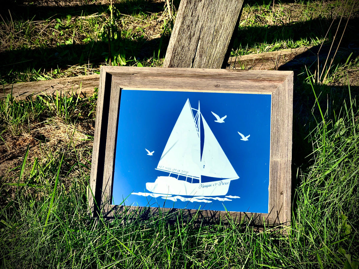 Personalized Sailboat Mirror|Barn Wood| Barnwood Mirror|Large Mirror|Personalized Bar|Custom Engraved Mirror|Wedding Mirror 11x14