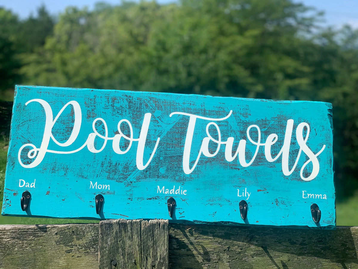 Hand Painted Pool Towels Sign|Farmhouse Towel Rack|Distressed Hanging Rustic Reclaimed Barnwood Hot Tub Sign|Pool Sign|Teal Farm Sign