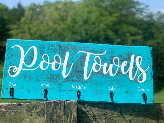 Hand Painted Pool Towels Sign|Farmhouse Towel Rack|Distressed Hanging Rustic Reclaimed Barnwood Hot Tub Sign|Pool Sign|Teal Farm Sign