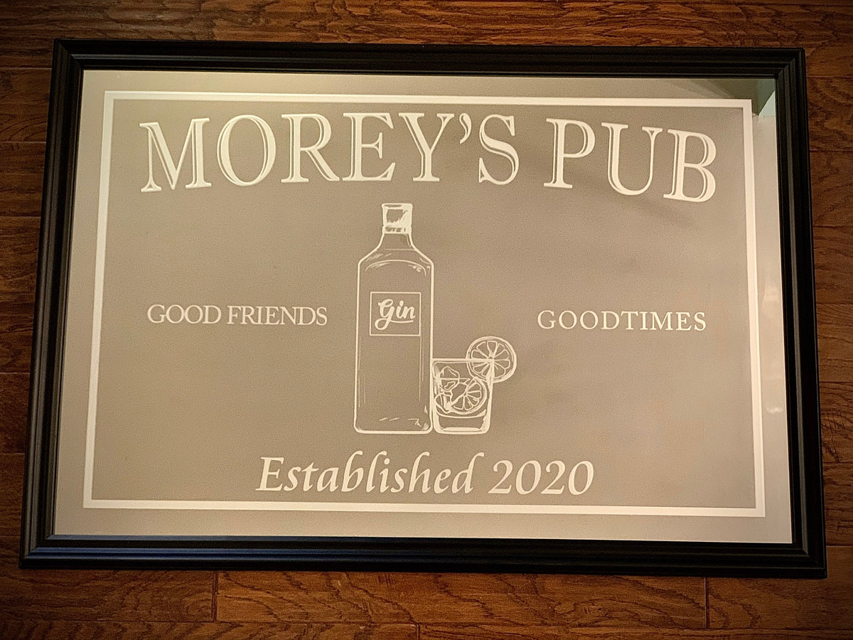 Custom Gin Pub Mirror|Large Mirror|Personalized Bar Mirror|Man Cave Sign|Custom Engraved Mirror|Etched Mirror|24x36 Black