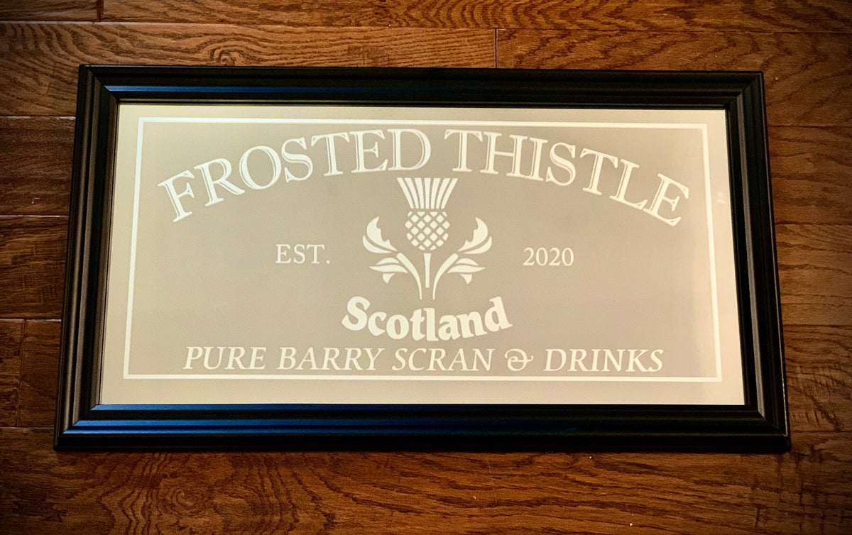 Custom Scotland Liquor Bar Mirror|Large Mirror|Personalized Bar Mirror|Custom Engraved Mirror|Thistle Sign|12x24