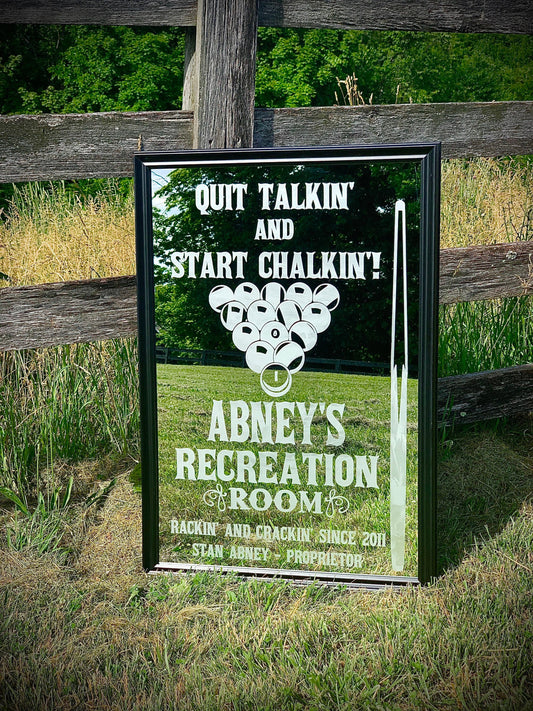 Personalized Game Room Sign|Large Mirror|Pool Hall Mirror|Custom Engraved Mirror|Etched Mirror|Custom Pool Table Mirror|Home Bar Sign