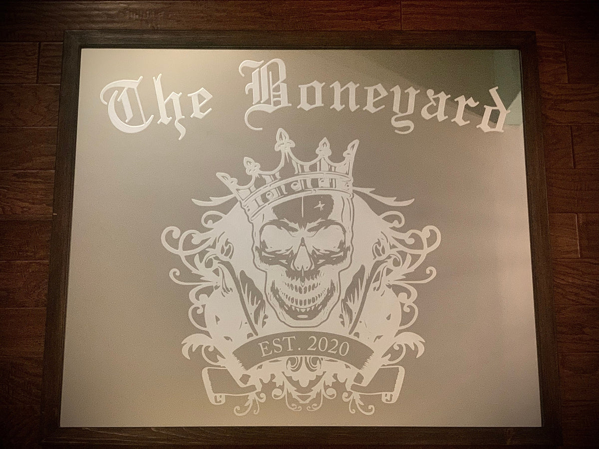 Personalized Large Skull Mirror|Large Basement Mirror|Personalized Bar Mirror|Engraved Mirror|Etched Bar Mirror|3ft Mirror|Skull Crossbones