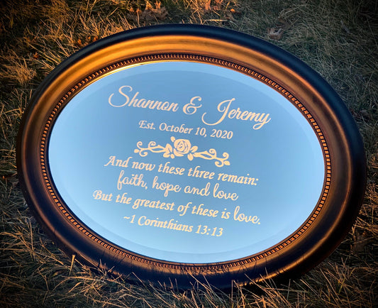 Personalized Oval Bronze Mirror|Round Mirror|Custom Oval Sign|Engraved Wedding Mirror|Etched Mirror|Faith Sign|Oval 22.5x29.5