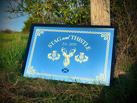 Custom Stag and Thistle|Mirror|Large Mirror|Personalized Bar Mirror|Deer Sign|Custom Engraved Mirror|Etched Mirror|24x36 Black|Thistle Sign
