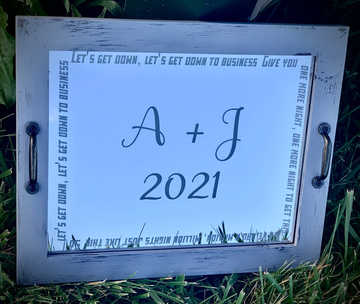 Personalized Wedding Song Mirrored Tray|Barn Wood Tray|Large Mirror|Initial Mirror|Song Lyric|Custom Engraved Grey Mirror|Anniversary 14x17