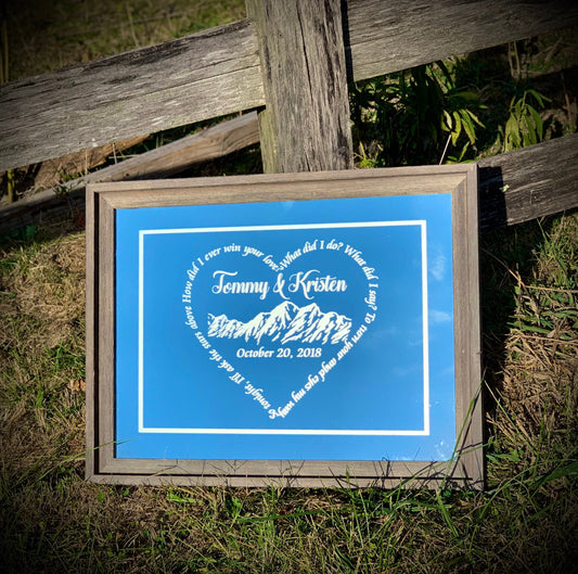 Personalized Wedding Song Mirror|Barn Wood Morror|Large Mirror|Heart Mirror|Song Lyric Gif|Custom Engraved Mountain Mirror|Anniversary 11x14