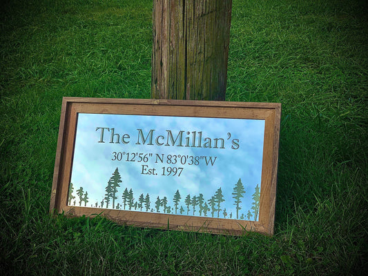 Personalized Pine Tree Barnwood Mirror|Large Mirror|Personalized Wall Mirror|Custom Engraved Mirror|barn wood mirror|Forest Decor|12x24