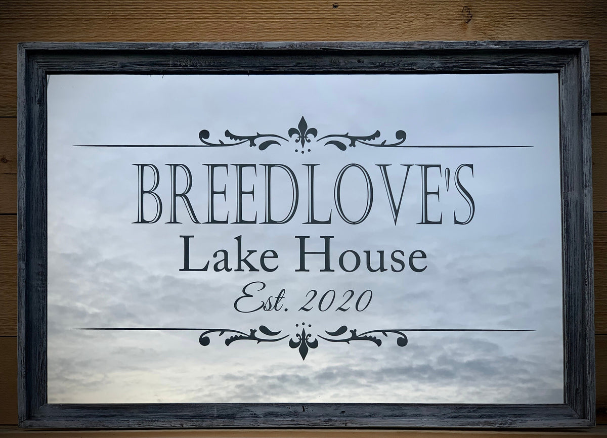 Personalized Lake House Mirror|Large Cabin Mirror|Custom Mirror|Engraved Mirror|Farmhouse Wall Mirror|24x36 Barnwood Mirror