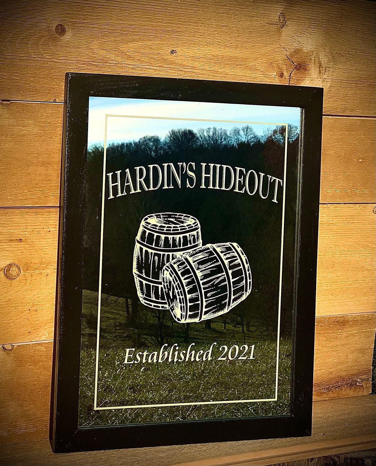 Personalized Whiskey Barrel Mirror|Large Bar Mirror|Personalized Black Wall Mirror|Engraved Wall Mirror|Whiskey Bar Sign|Custom 18x24 Mirror