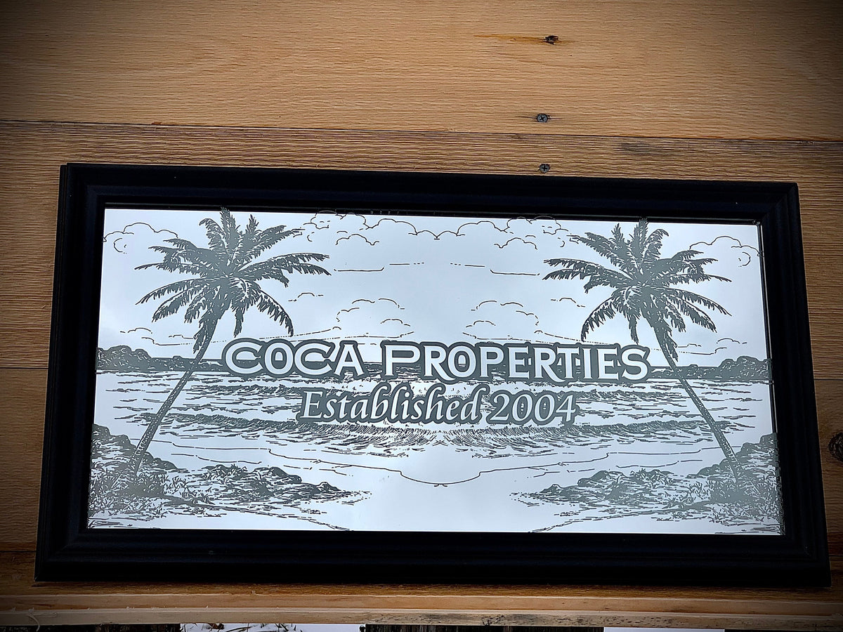 Custom Beach Logo Mirror|Large Ocean Mirror|Personalized Bar Mirror|Custom Engraved Mirror|Black mirror|12x24