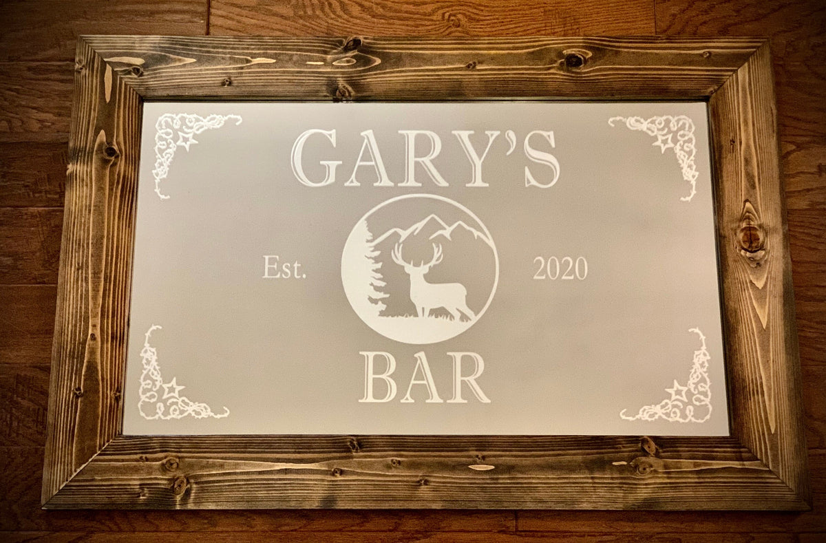 Custom Pine Tree & Deer Mirror|Large Mirror|Personalized Bar Mirror|Deer Sign|Custom Engraved Mirror|Etched Mirror|24x36 Wall Mirror