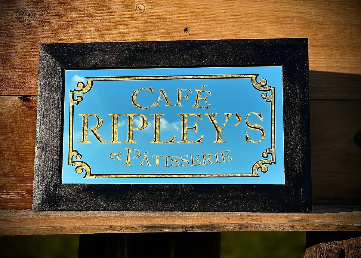 Custom Cafe Mirror|Gold Leaf Restaurant Sign|Personalized Lobby Mirror|Custom Logo Mirror|Gold Leaf Diner Mirror|Black Wall Mirror