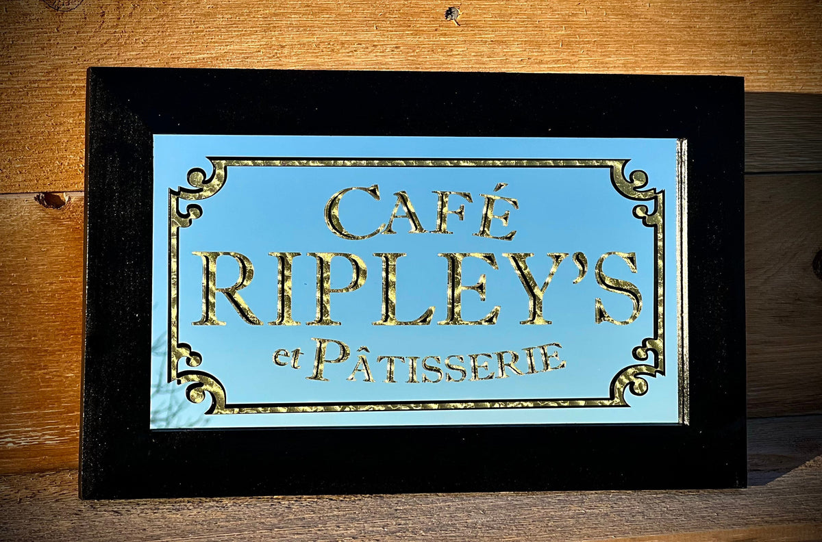Custom Cafe Mirror|Gold Leaf Restaurant Sign|Personalized Lobby Mirror|Custom Logo Mirror|Gold Leaf Diner Mirror|Black Wall Mirror