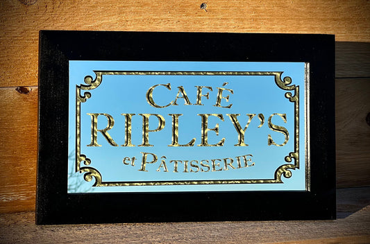 Custom Cafe Mirror|Gold Leaf Restaurant Sign|Personalized Lobby Mirror|Custom Logo Mirror|Gold Leaf Diner Mirror|Black Wall Mirror