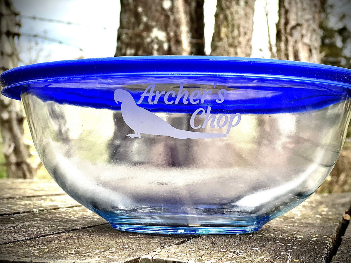 Custom Engraved Pet Food or Treat Bowl with Lid|Glass Pet Bowl|Personalized Pet Bowl|Custom Parrot Food Bowl|Glass Pet Food Bowl|2.5 Qt Bowl