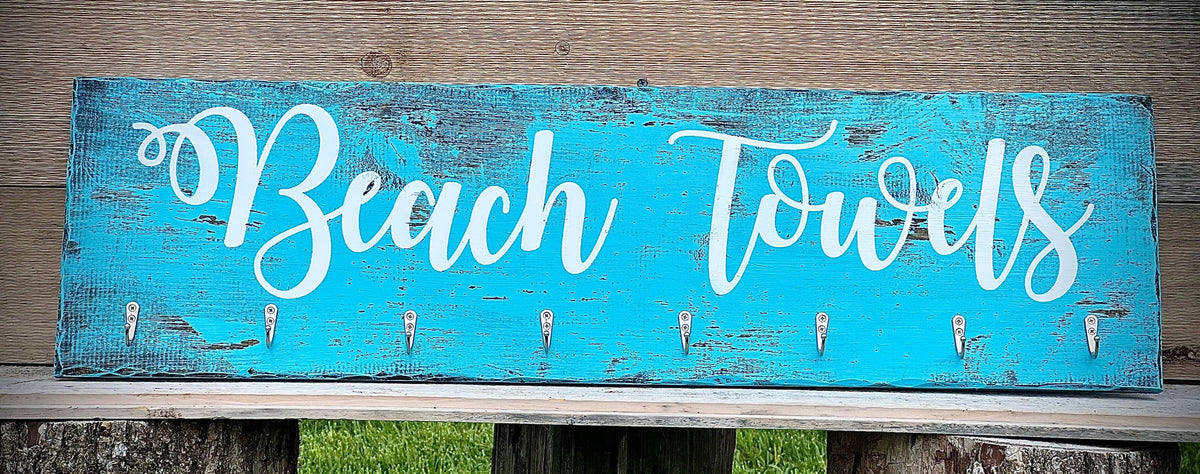 Hand Painted Beach Towels Sign with Silver Hooks|Farmhouse Towel Rack|Distressed Hanging Barnwood Hot Tub Sign|Pool Sign|Teal Farm Sign