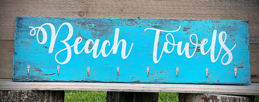Hand Painted Beach Towels Sign with Silver Hooks|Farmhouse Towel Rack|Distressed Hanging Barnwood Hot Tub Sign|Pool Sign|Teal Farm Sign