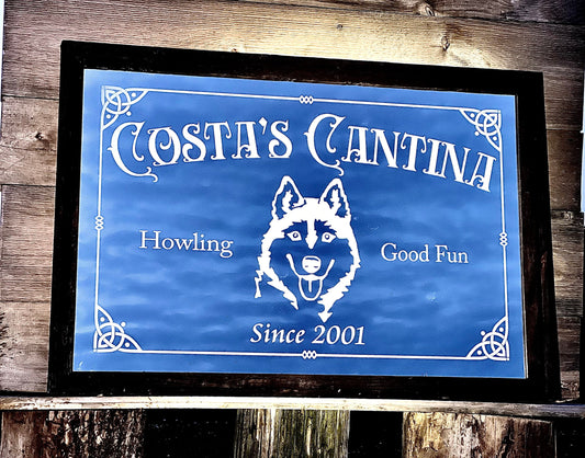 Custom Husky Dog Bar Mirror|Personalized Lounge Sign|Siberian Husky Wall Sign|Custom Engraved Mirror|Etched Mirror|24x36 Black Wall Mirror