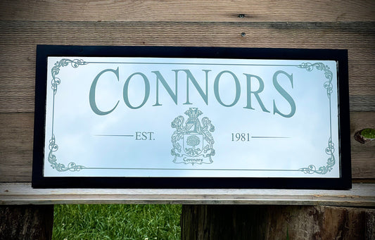 Personalized Family Crest Coat of Arms Mirror in Black Frame|Personalized Bar Mirror|Custom Engraved Mirror|Black Wall Mirror|12x24