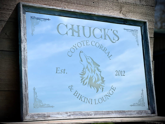 Custom Coyote Lounge Mirror|Personalized Lounge Sign|Coyote Wall Sign|Custom Engraved Mirror|Etched Mirror|24x36 White Washed Barnwood