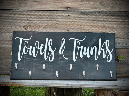 Hand Painted Rustic Grey Towel & Trunks Sign|Farmhouse Towel Rack|Distressed Hanging Rustic Barnwood Hot Tub Sign|Pool Sign|Small Space