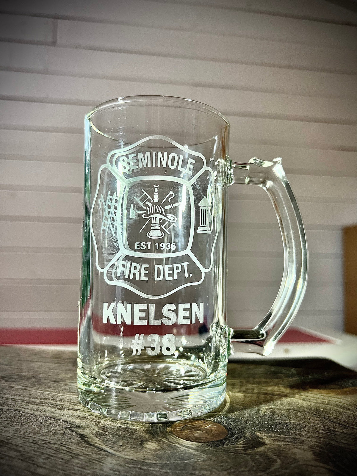 Personalized Fire Dept Logo Mug|Personalized Beer Stein|Glass Beer Mug|Custom Beer Mug|Fire Department Gift|Police Gift|Man Cave|Serve ware