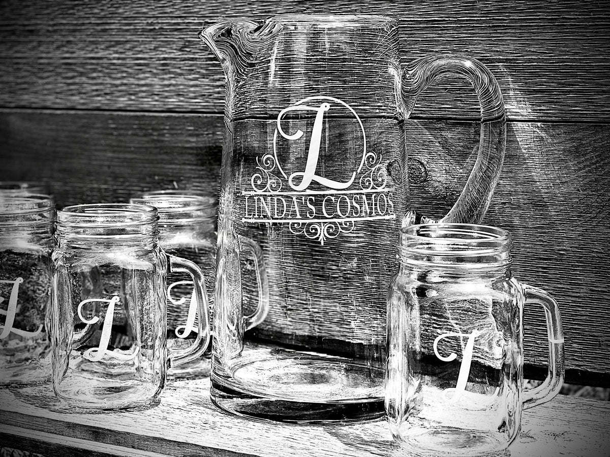 Personalized Custom Engraved Pitcher & Mason Glass Set|Glass Lemonade Pitcher|Serving Set|Engraved Glasses|Wedding Gift|Bridal Shower Gift