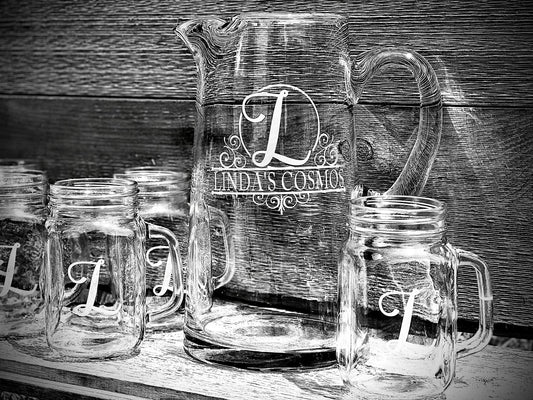Personalized Custom Engraved Pitcher & Mason Glass Set|Glass Lemonade Pitcher|Serving Set|Engraved Glasses|Wedding Gift|Bridal Shower Gift