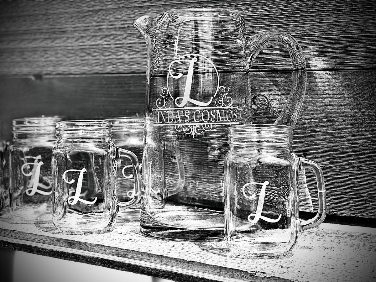 Personalized Custom Engraved Pitcher & Mason Glass Set|Glass Lemonade Pitcher|Serving Set|Engraved Glasses|Wedding Gift|Bridal Shower Gift