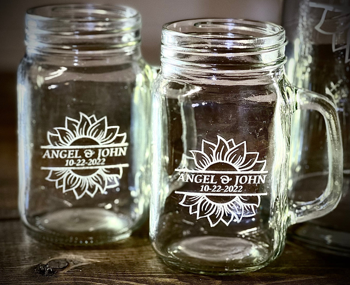 Personalized Laser Engraved Sunflower Pitcher & Mason Glass Set|Glass Lemonade Pitcher|Serving Set|Engraved Glass|Wedding Gift|Bridal Shower