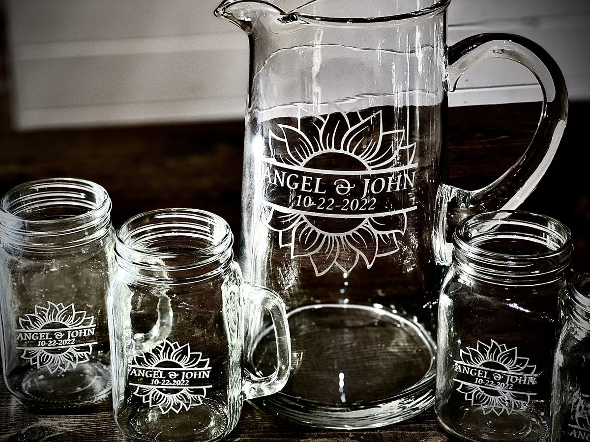 Personalized Laser Engraved Sunflower Pitcher & Mason Glass Set|Glass Lemonade Pitcher|Serving Set|Engraved Glass|Wedding Gift|Bridal Shower