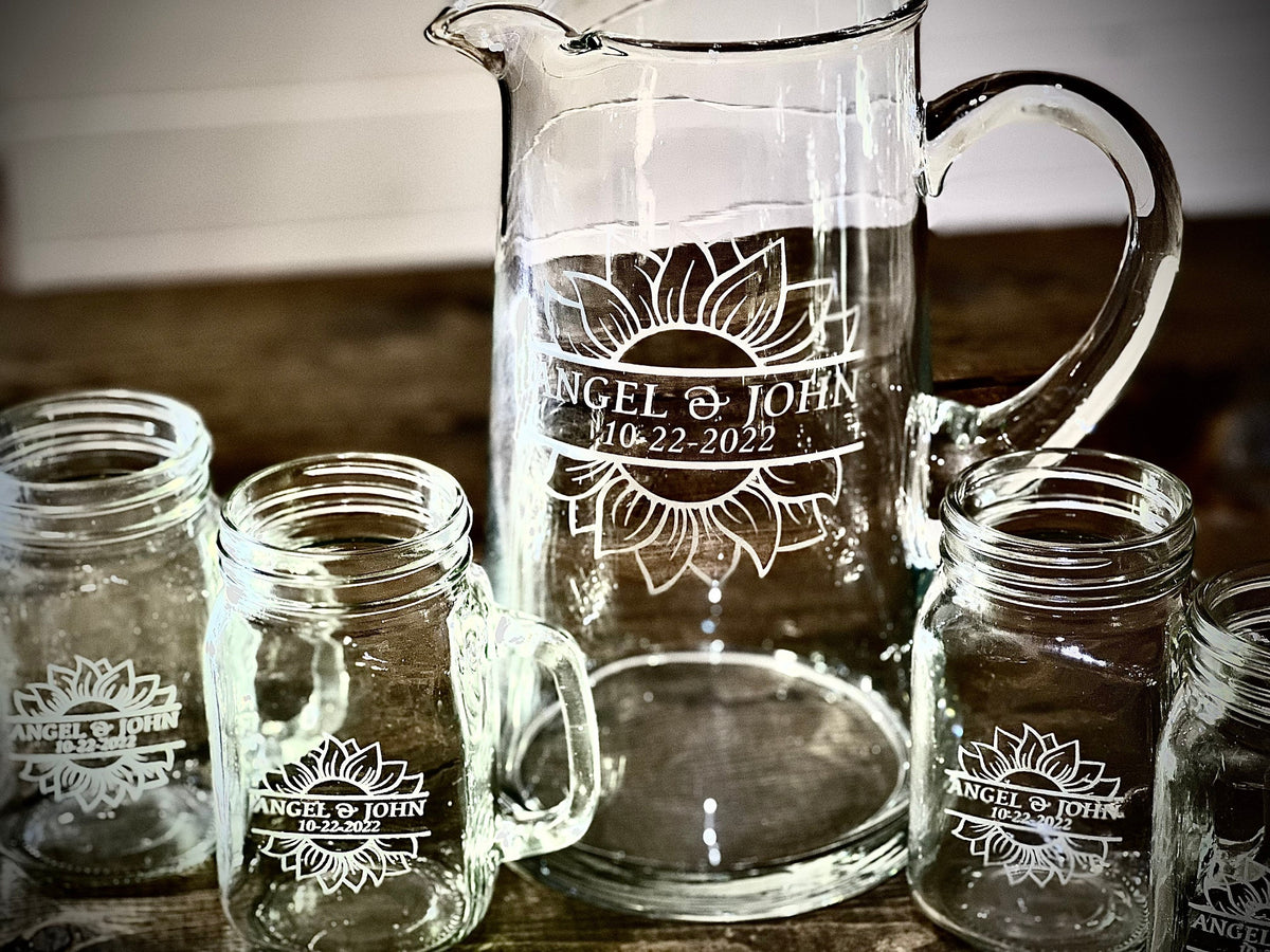 Personalized Laser Engraved Sunflower Pitcher & Mason Glass Set|Glass Lemonade Pitcher|Serving Set|Engraved Glass|Wedding Gift|Bridal Shower