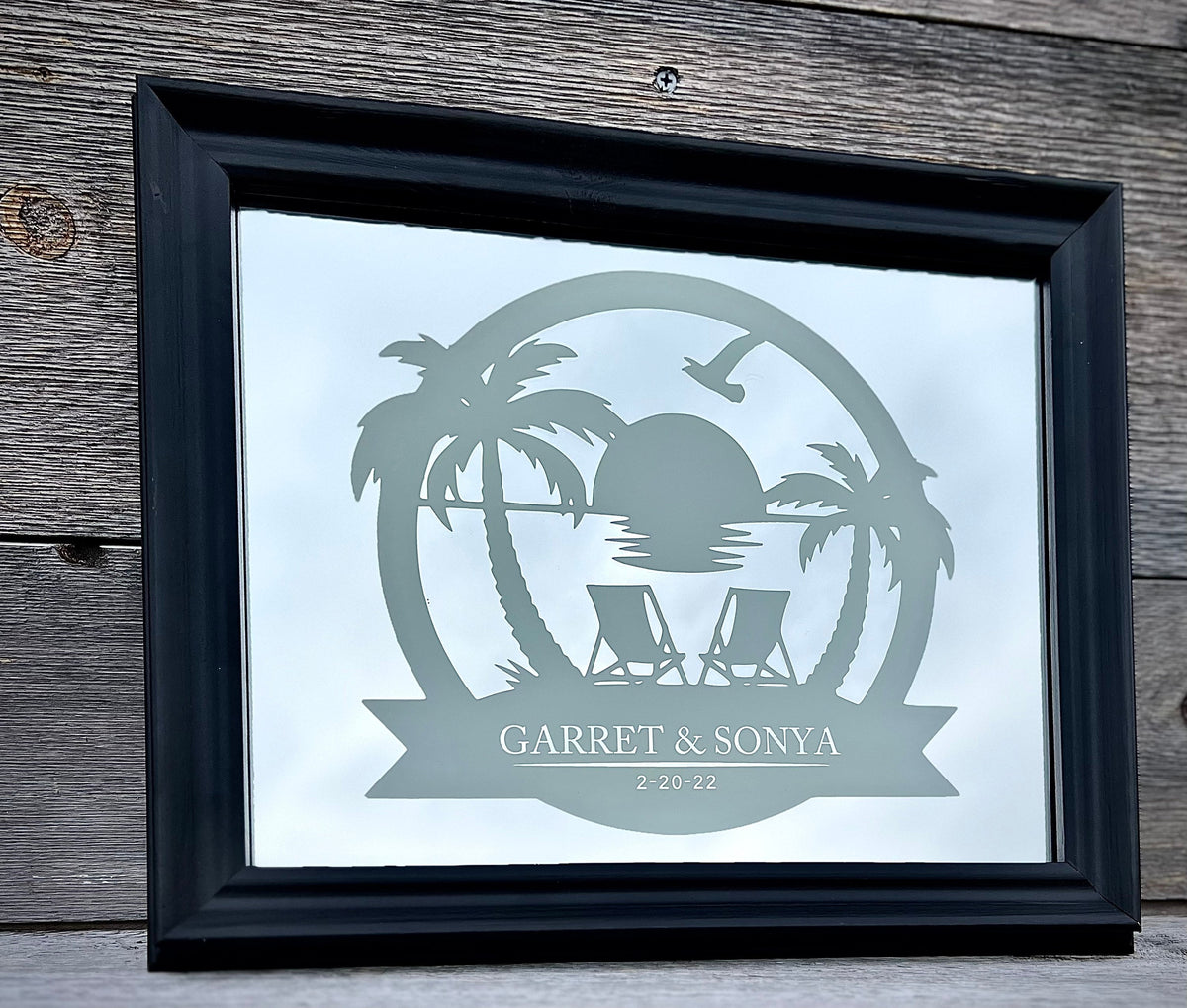 Custom Beach Mirror|Custom Sunset Mirror|Black Mirror|Personalized Anniversary Sign|Custom Engraved Mirror|Palm Tree Beach Wall Art