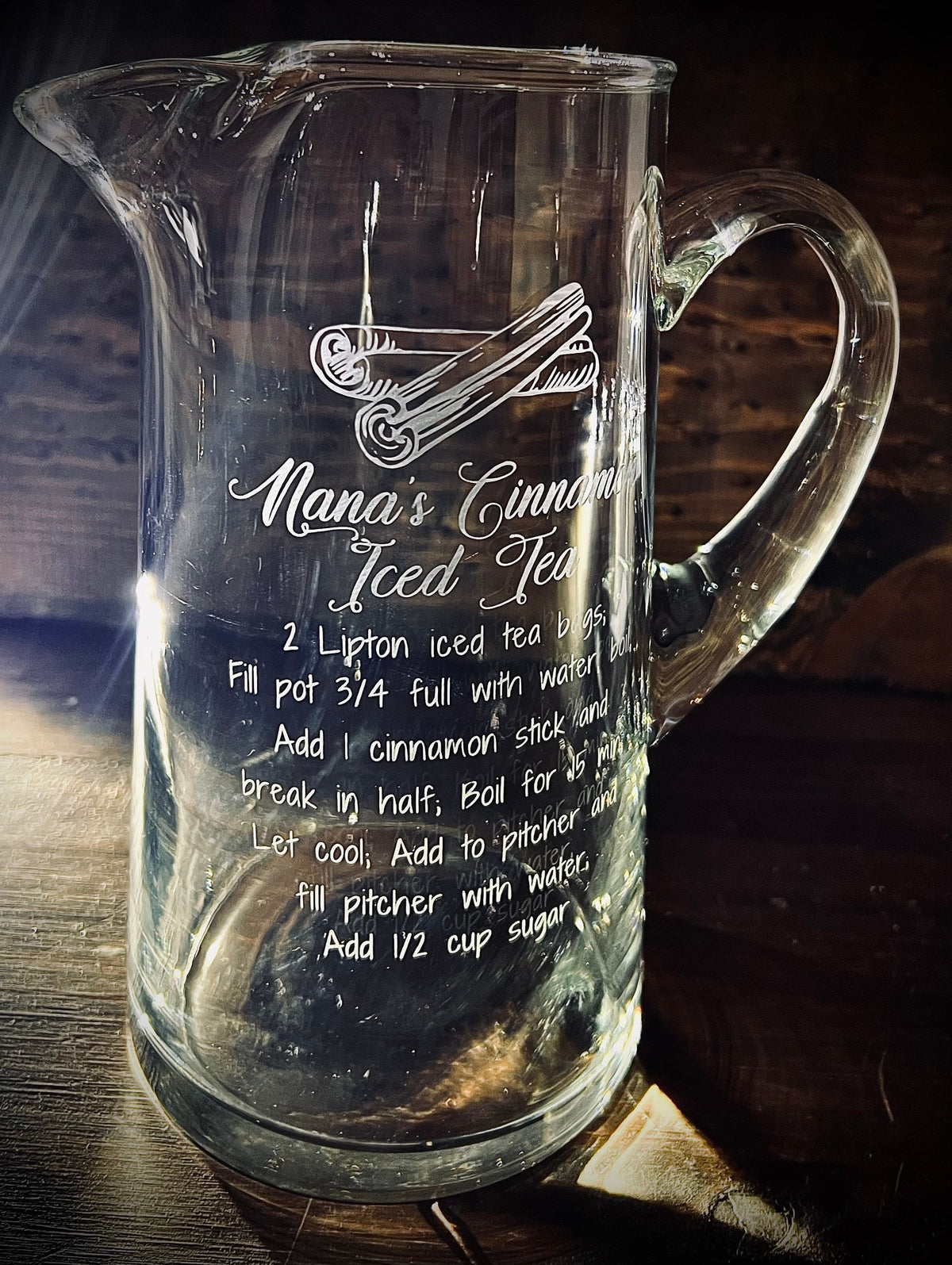 Personalized Engraved Glass Cinnamon Tea Pitcher|Glass Pitcher|Personalized Wedding Gift|Iced Tea Pitcher|Monogram Pitcher|Recipe Pitcher