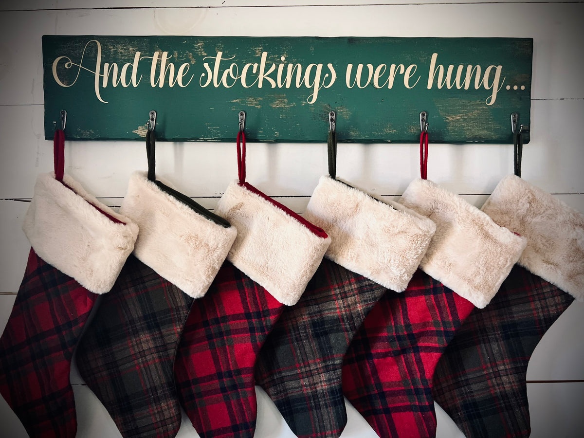 Hanging Rustic Christmas Stocking Holder with Hooks|Wooden Christmas Stocking Hanger|Farmhouse Stocking Hanger|Barnwood Christmas Sign