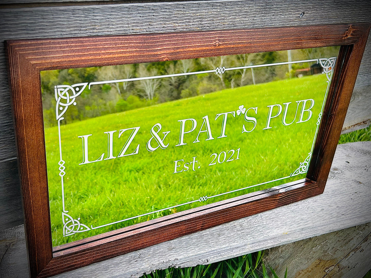 Personalized Irish Pub Mirror in Mahogany Frame|Personalized Bar Mirror|Custom Engraved Mirror|Celtic Design|12x24